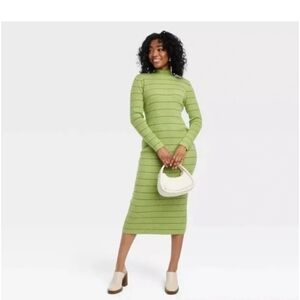 NWOT House Of Aama Green Striped Knit Midi Dress Size M